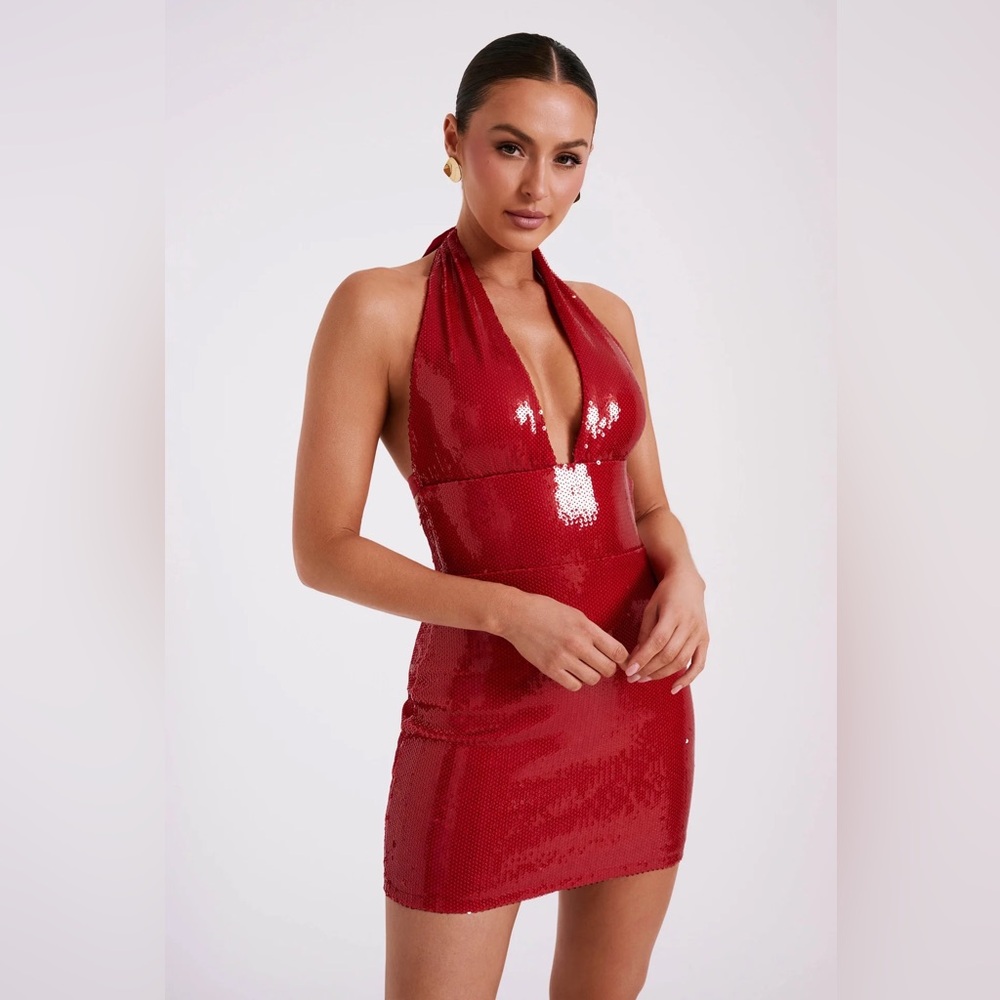 Sequin Halter Mini Dress - Red